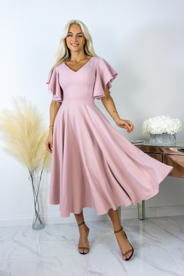 Bēša rozā grezna midi kleita ar volānu piedurknēm Loreen