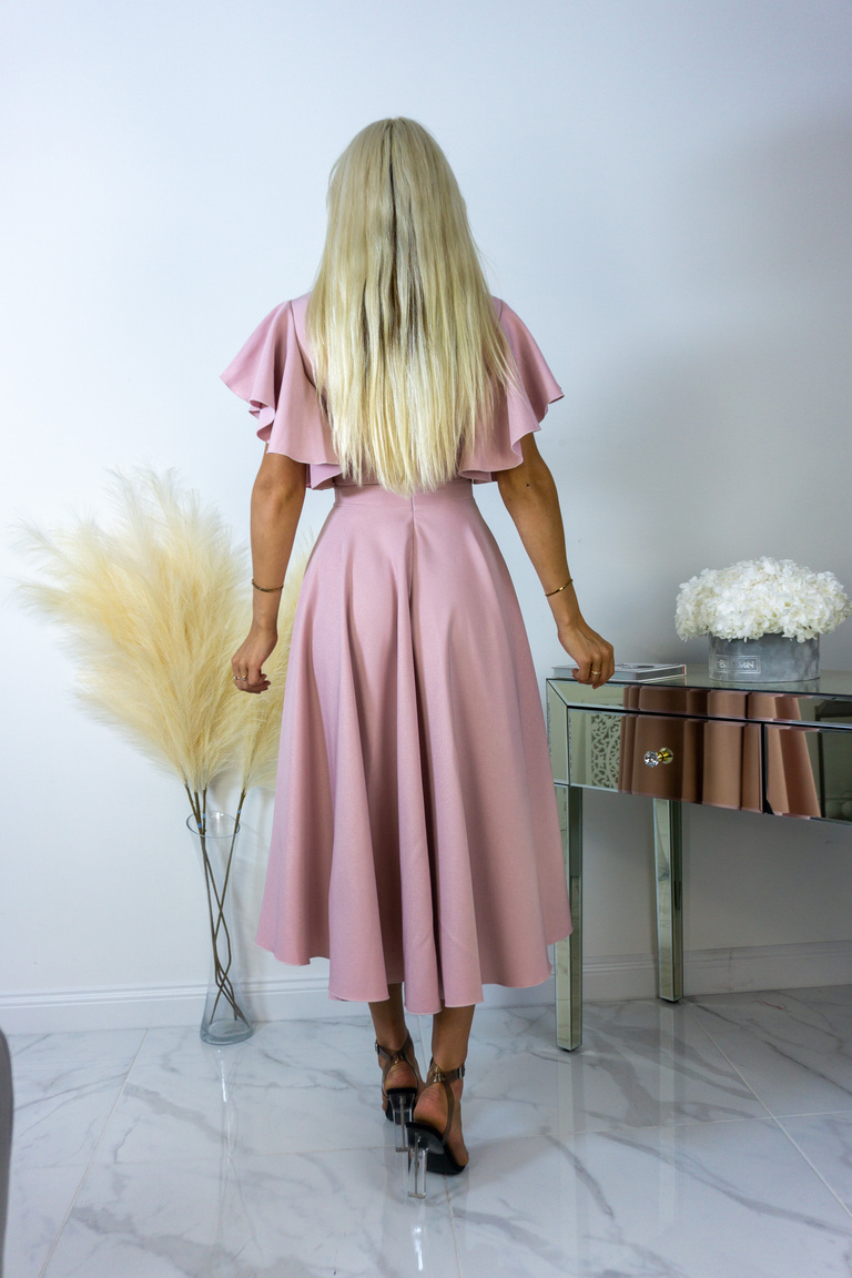 Bēša rozā grezna midi kleita ar volānu piedurknēm Loreen