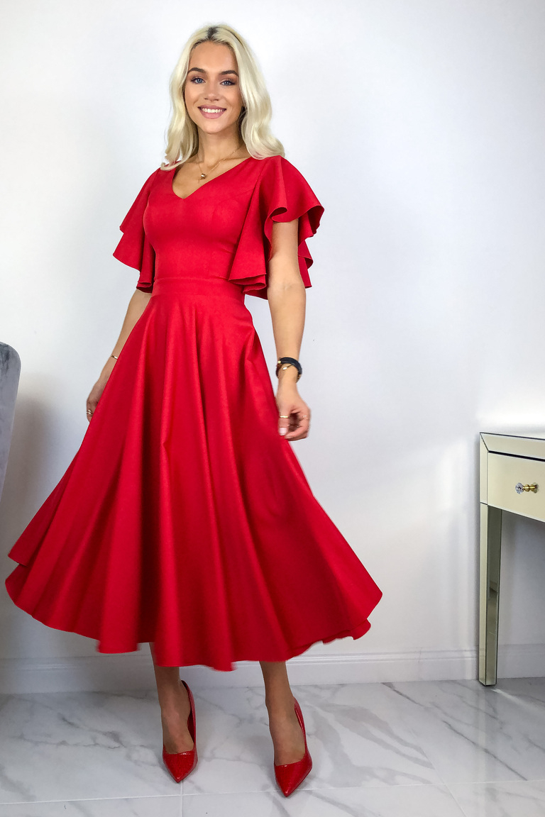 Sarkana grezna midi kleita ar volānu piedurknēm Loreen
