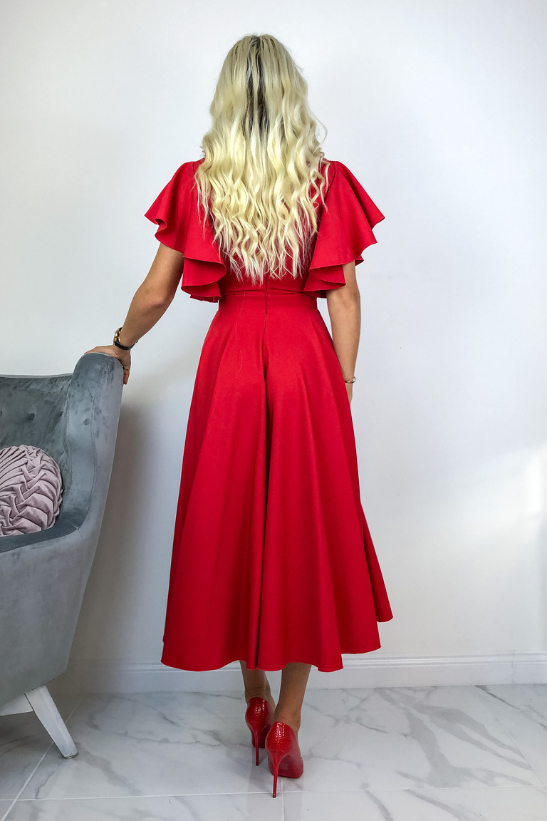Sarkana grezna midi kleita ar volānu piedurknēm Loreen