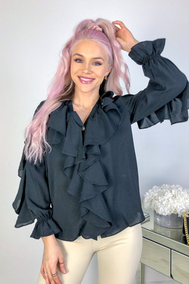 Melna volānu blūze
