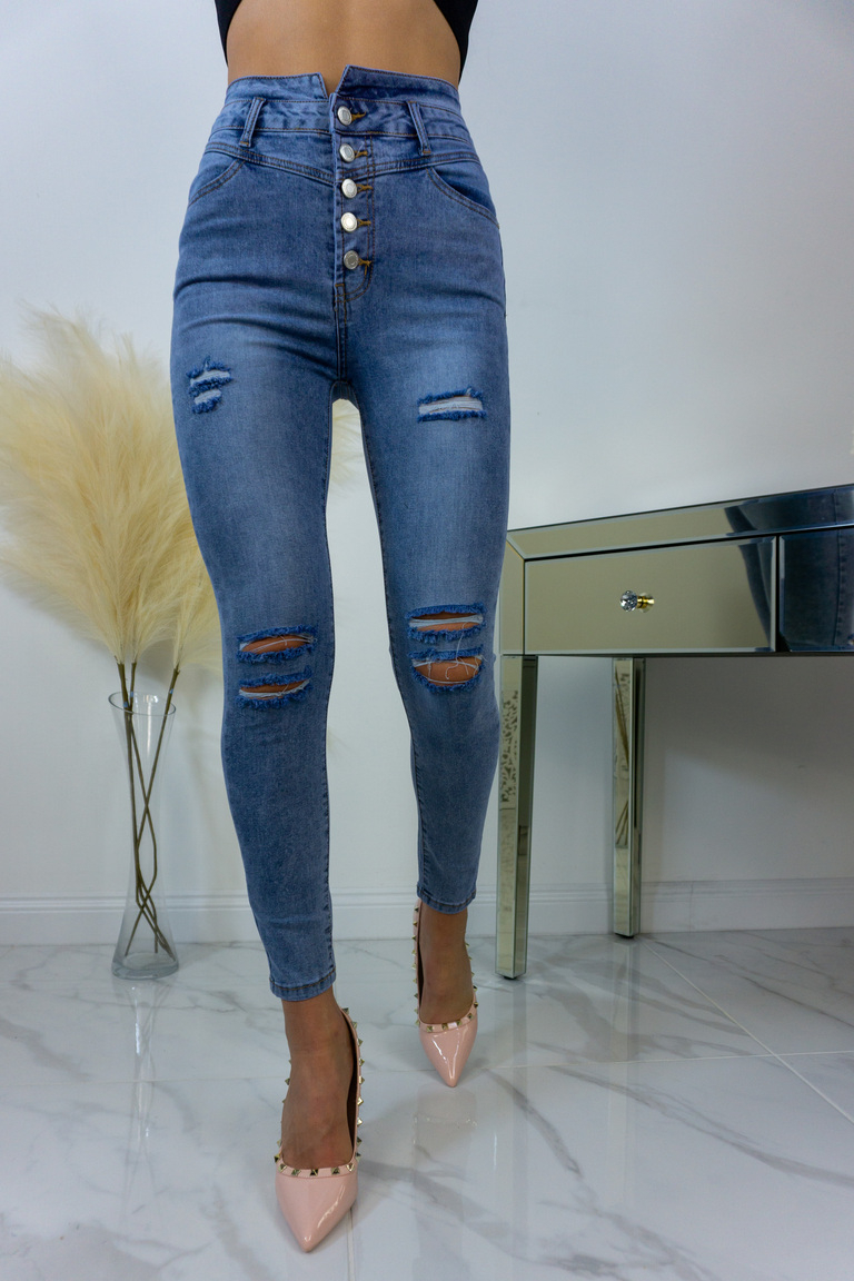 Zili elastīgi džinsi ar augstu jostasvietu