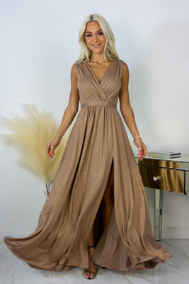 Kapučīno toņa mirdzoša auduma maxi kleita LILY
