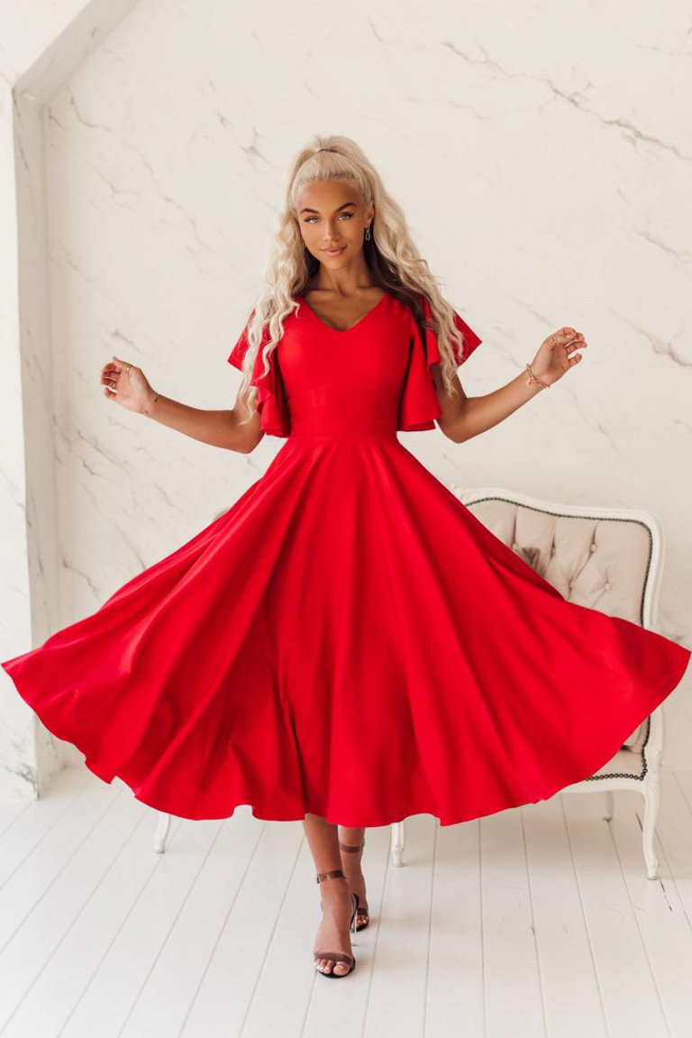 Sarkana grezna midi kleita ar volānu piedurknēm Loreen