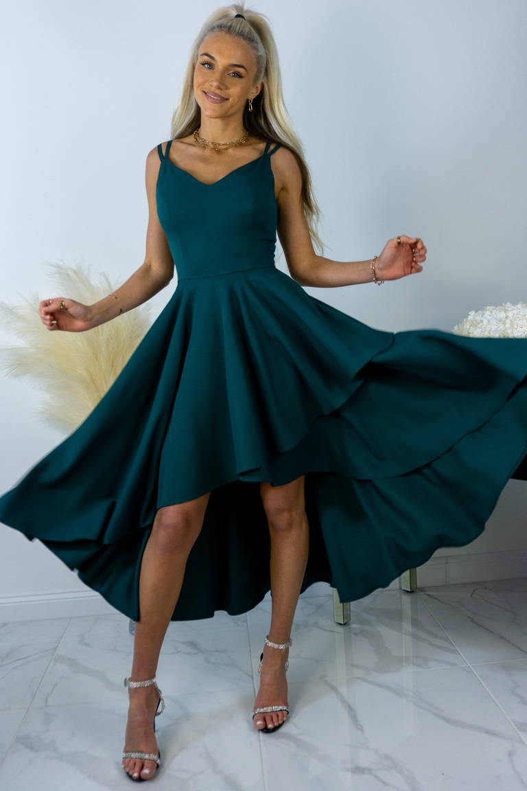 Tumši zaļa asimetriska izlaiduma kleita Caren