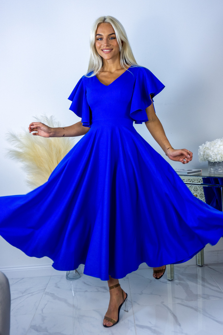 Elektriski zila grezna midi kleita ar volānu piedurknēm Loreen