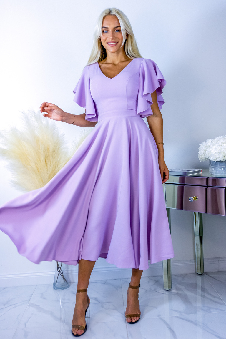 Grezna ceriņu krāsas midi kleita ar volānu piedurknēm Loreen