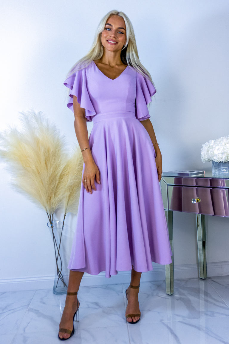 Grezna ceriņu krāsas midi kleita ar volānu piedurknēm Loreen