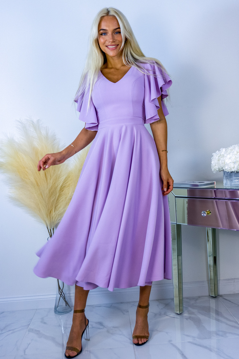 Grezna ceriņu krāsas midi kleita ar volānu piedurknēm Loreen