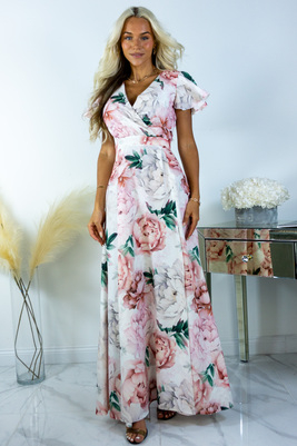 Alina maxi kleita ar peonijas rakstu uz balta fona