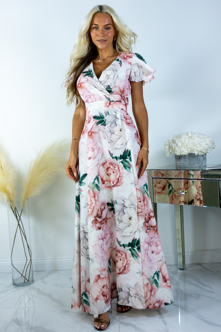 Alina maxi kleita ar peonijas rakstu uz balta fona