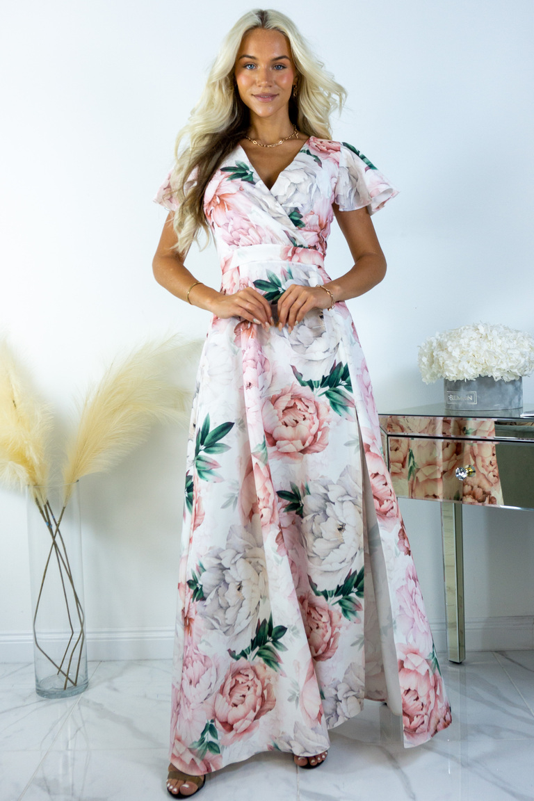 Alina maxi kleita ar peonijas rakstu uz balta fona