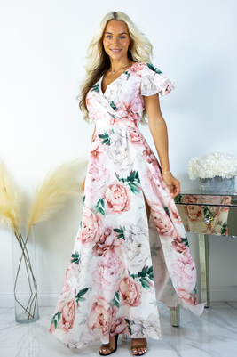 Alina maxi kleita ar peonijas rakstu uz balta fona