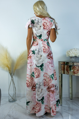 Alina maxi kleita ar peonijas rakstu uz balta fona