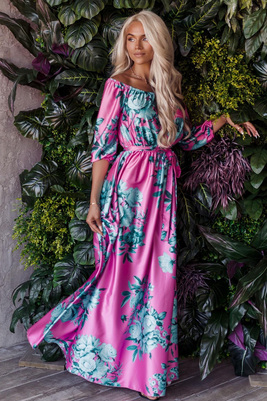 Rozā un zaļa puķaina maxi kleita Melody