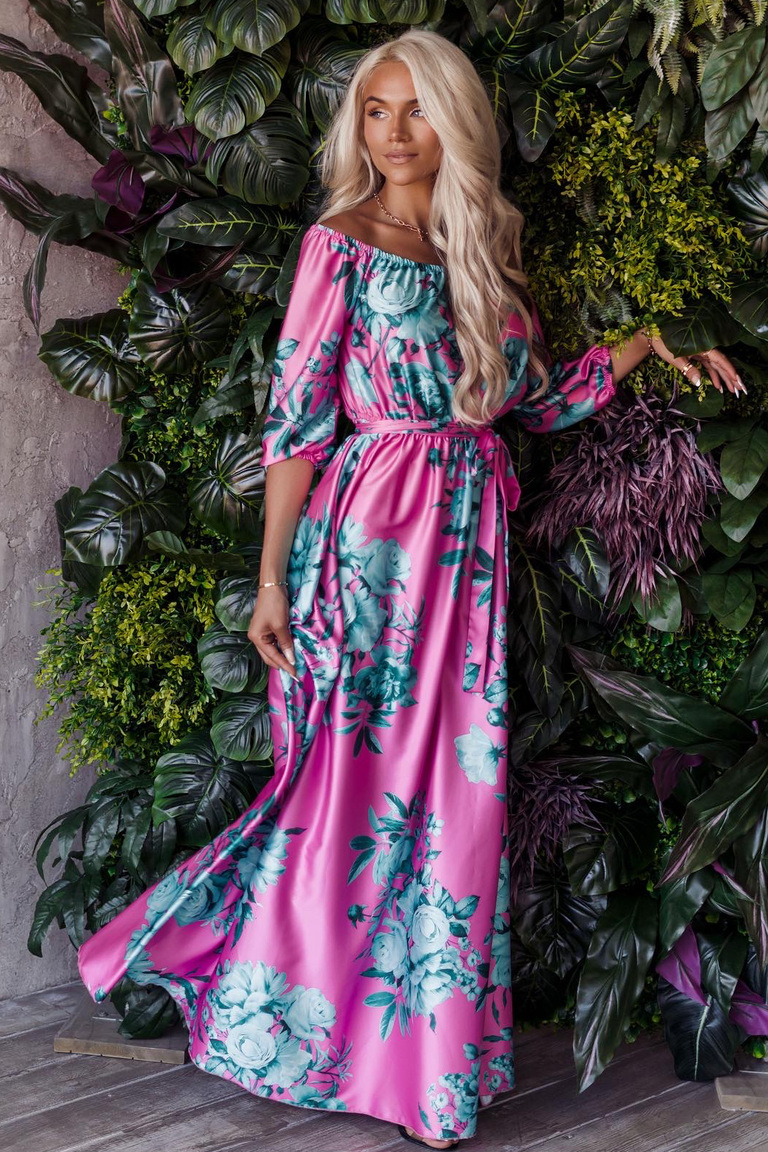 Rozā un zaļa puķaina maxi kleita Melody