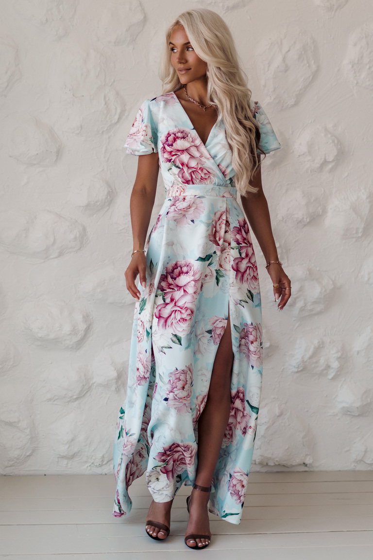 Alina maxi kleita ar peonijas rakstu uz piparmētru zaļa fona