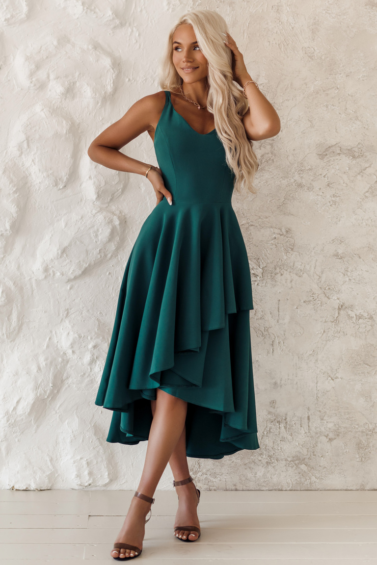 Tumši zaļa asimetriska izlaiduma kleita Caren