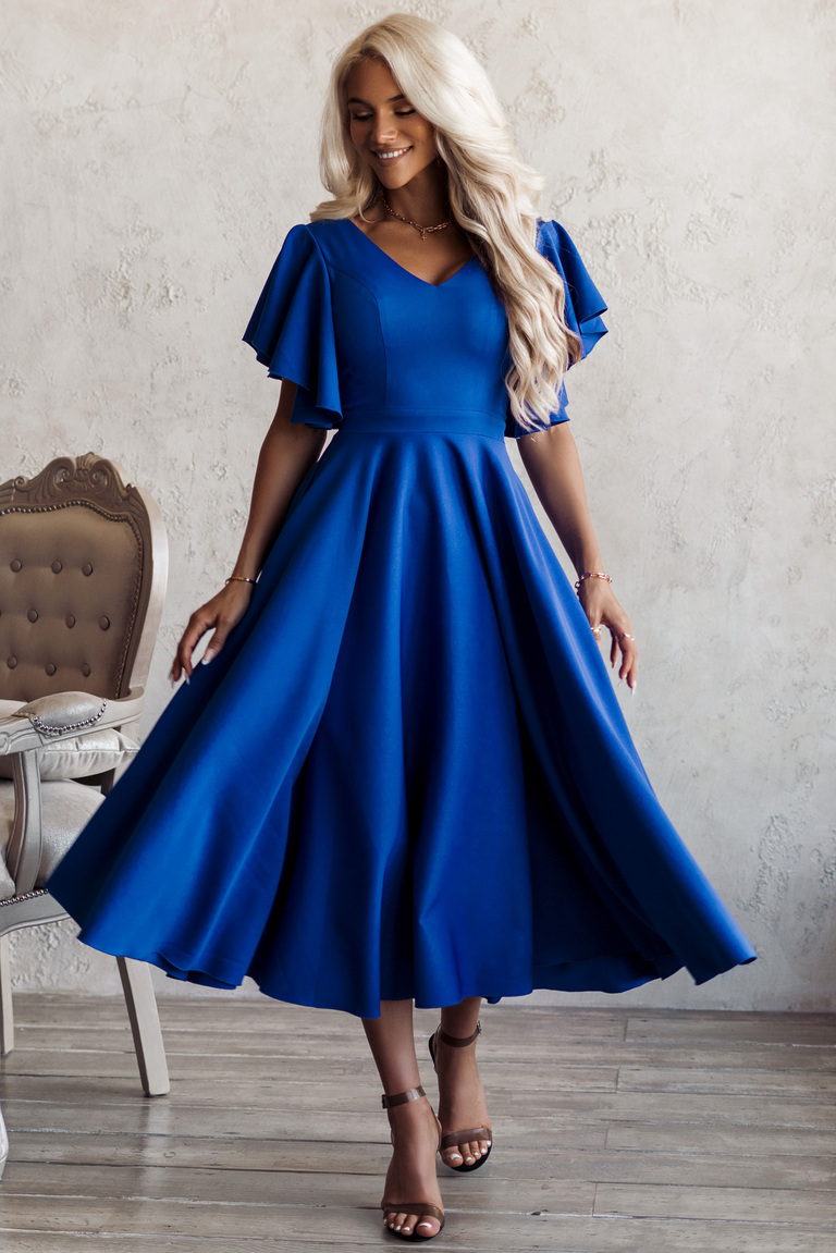 Elektriski zila grezna midi kleita ar volānu piedurknēm Loreen