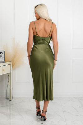 Olīvzaļa satīna midi kleita