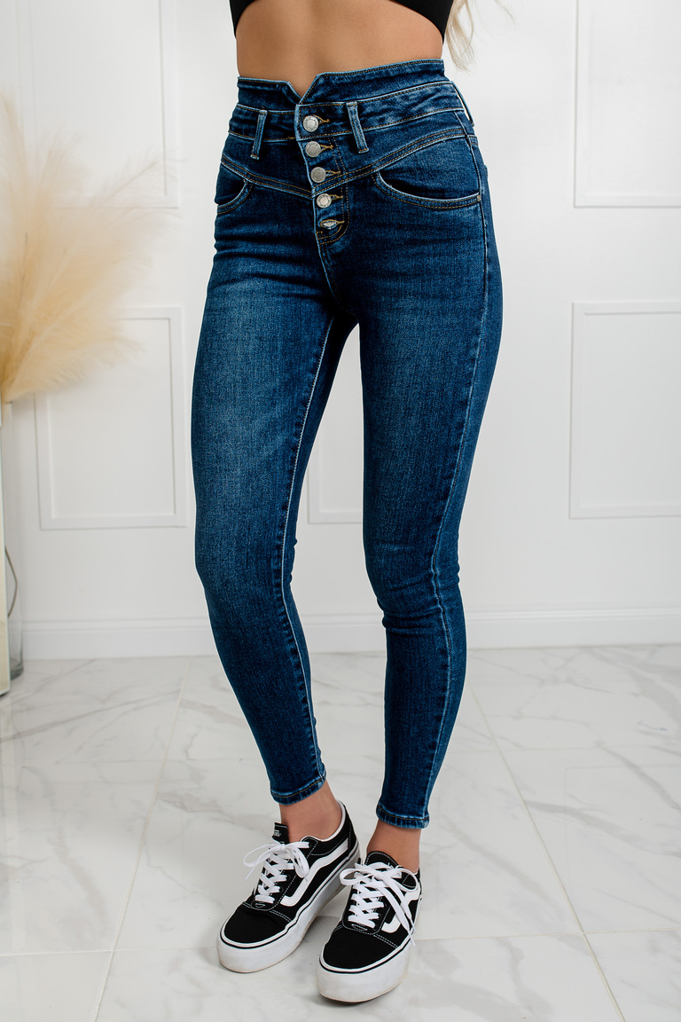 Tumši zili elastīgi džinsi ar augstu jostasvietu