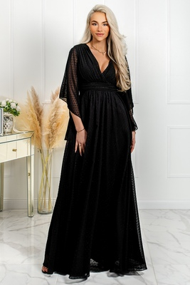 Sloane melna maxi kleita ar tauriņa piedurknēm no mumificēta auduma