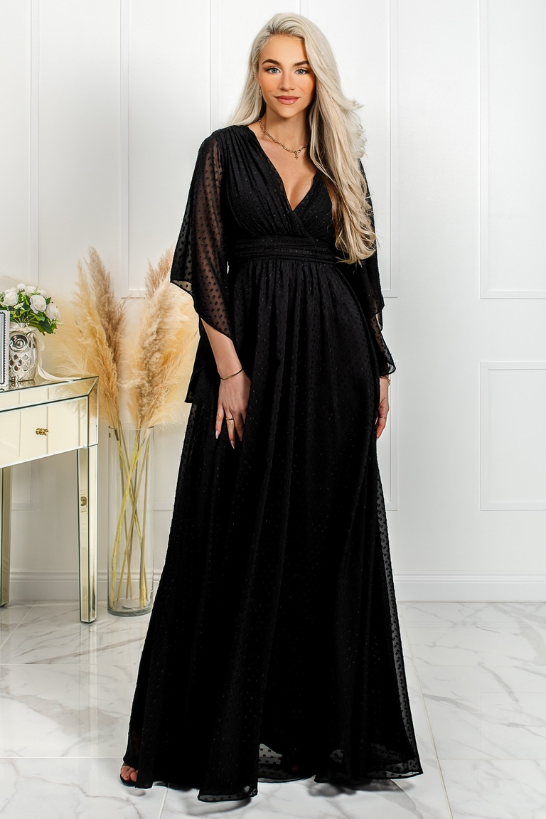 Sloane melna maxi kleita ar tauriņa piedurknēm no mumificēta auduma