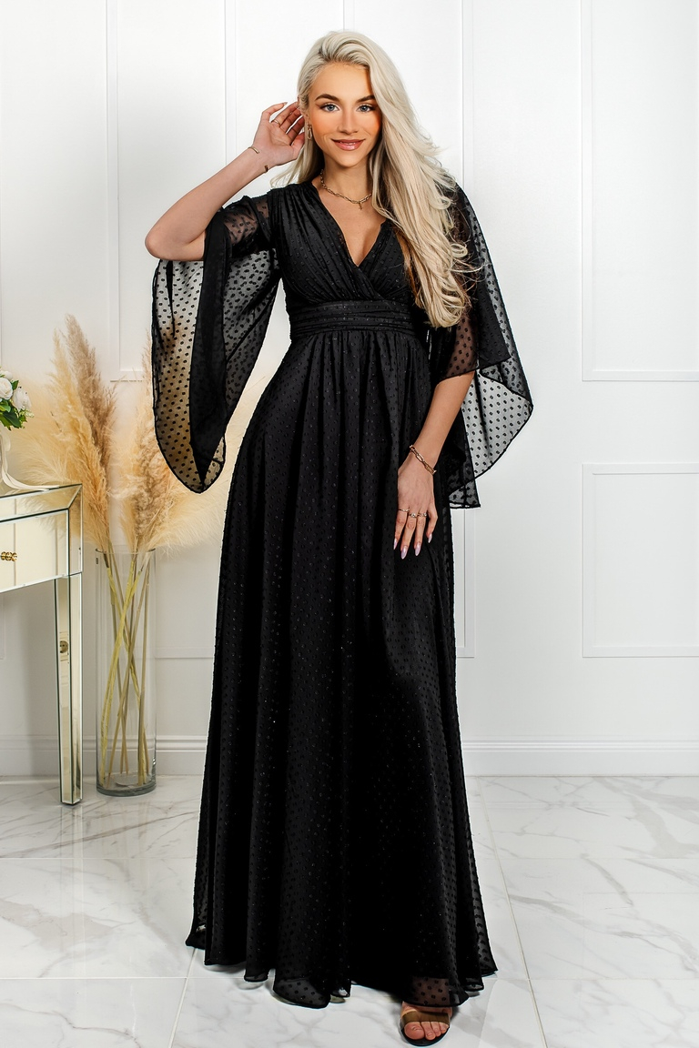 Sloane melna maxi kleita ar tauriņa piedurknēm no mumificēta auduma