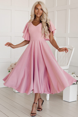 Bēša rozā grezna midi kleita ar volānu piedurknēm Loreen