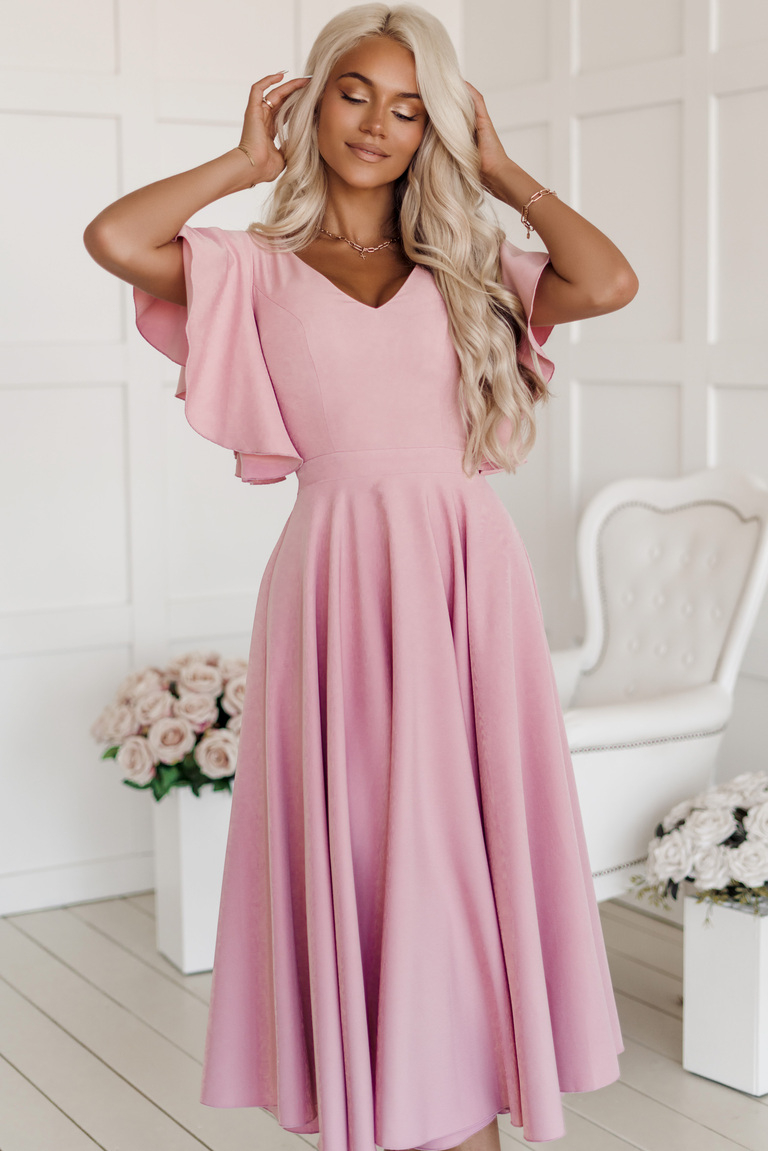 Bēša rozā grezna midi kleita ar volānu piedurknēm Loreen