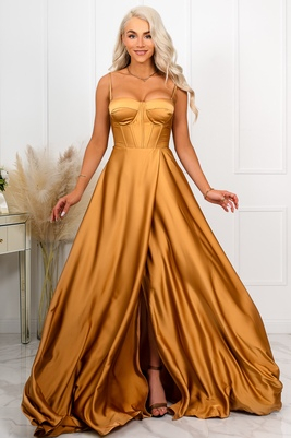 Džuljetas maksi kleita ar karameļu satīna svārkiem