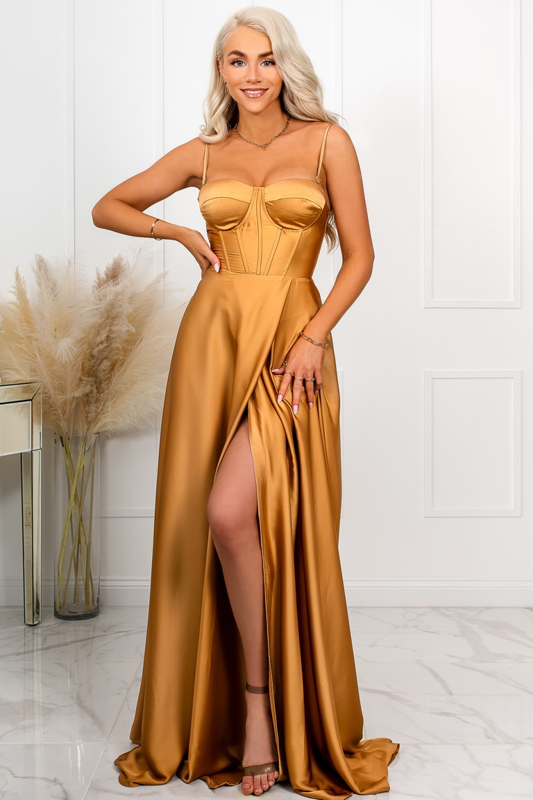 Džuljetas maksi kleita ar karameļu satīna svārkiem