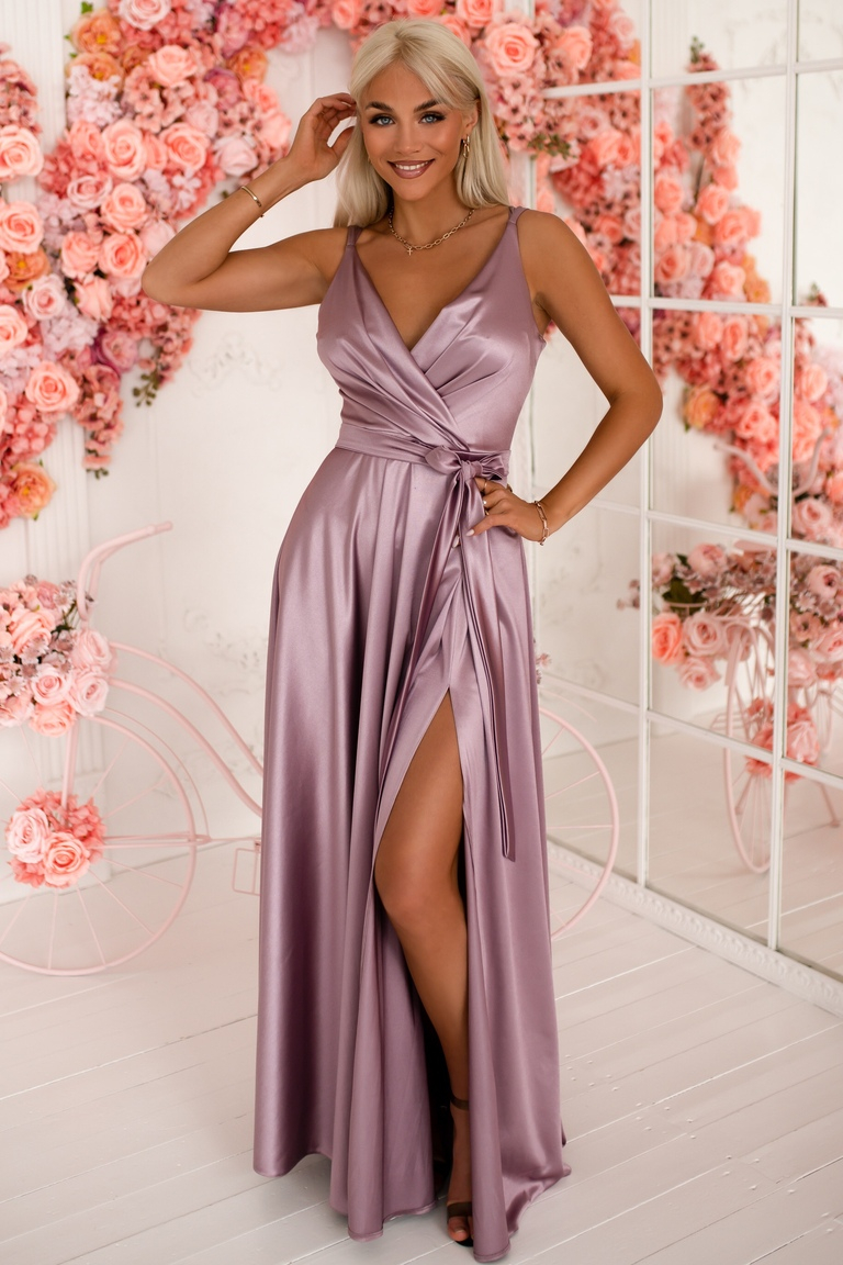 Valensijas ceriņi satīna maxi kleita