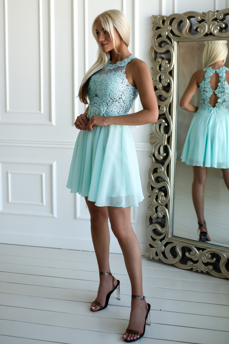 Piparmētru zaļa Lolita izlaiduma kleita ar šifona svārkiem