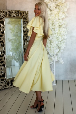 Dzeltena grezna midi kleita ar volānu piedurknēm Loreen