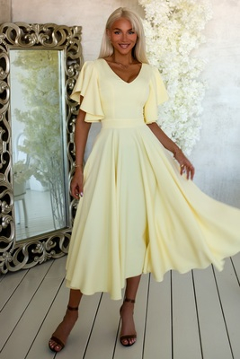 Dzeltena grezna midi kleita ar volānu piedurknēm Loreen