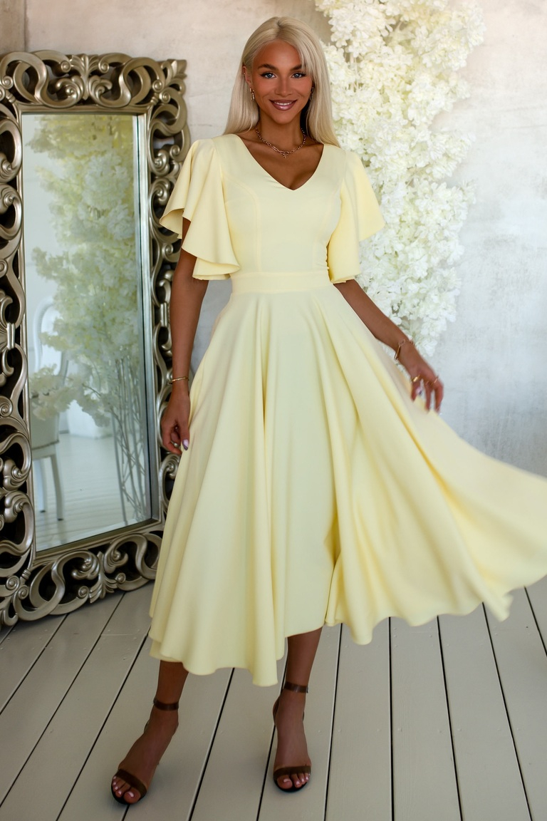 Dzeltena grezna midi kleita ar volānu piedurknēm Loreen