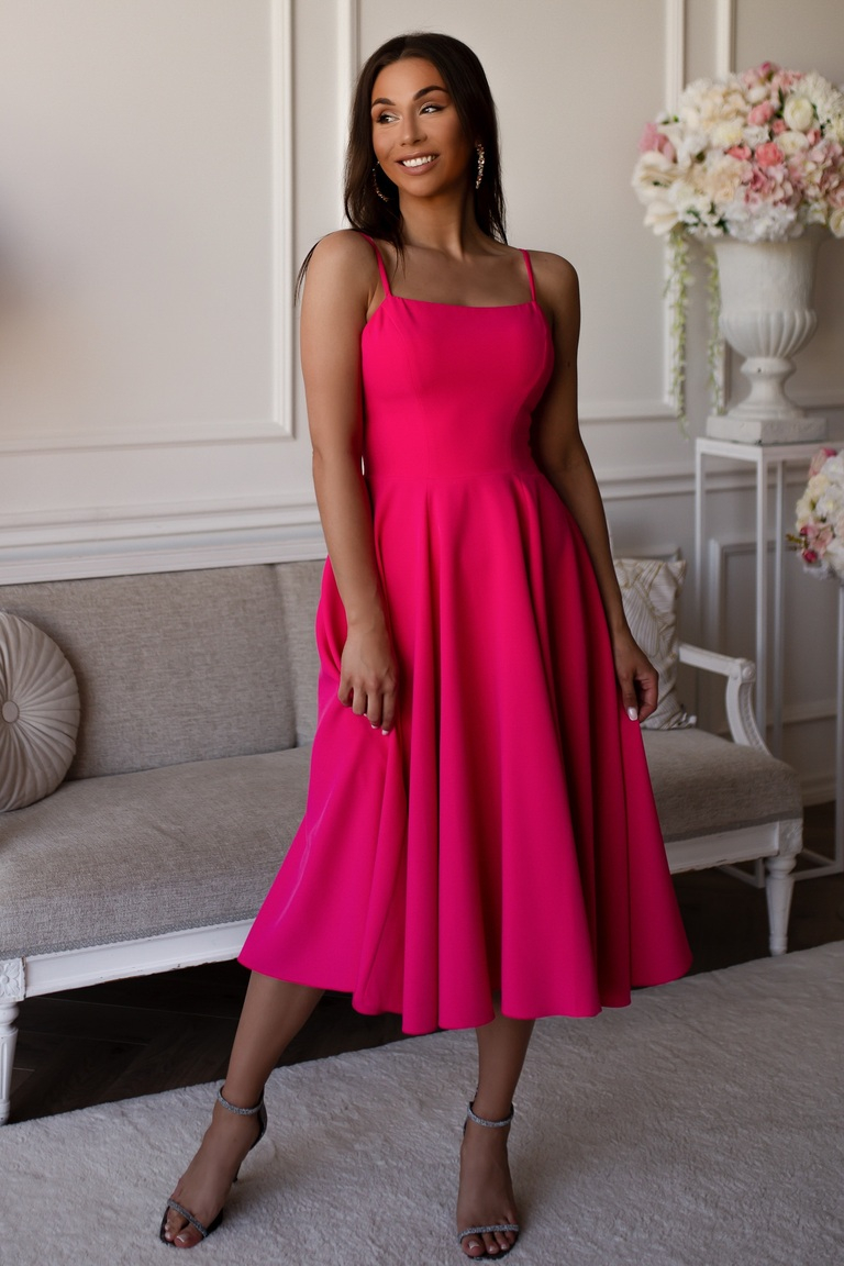 Fuksijas krāsas midi kleita ar plānām plecu lencēm Lisette