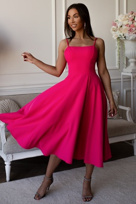 Fuksijas krāsas midi kleita ar plānām plecu lencēm Lisette