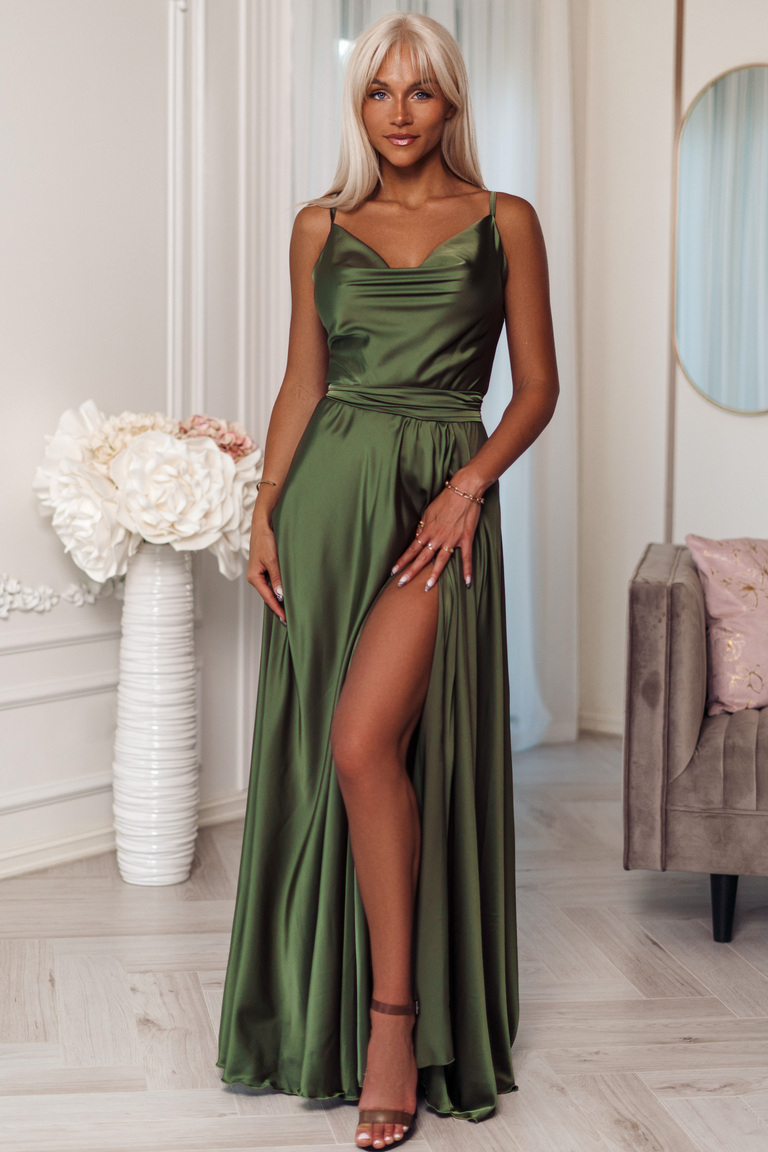 Haki satīna maxi kleita Iliana