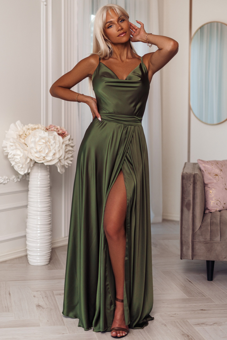 Haki satīna maxi kleita Iliana