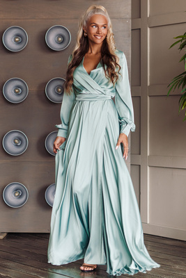 Ābolzaļa satīna maxi kleita Anzela