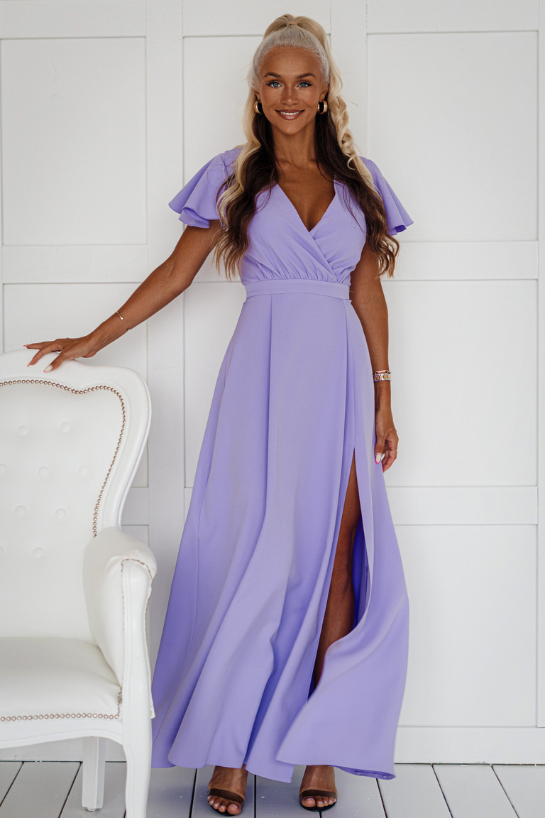 Alīnas ceriņu krāsas maksi kleita ar tauriņu piedurknēm