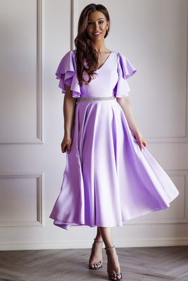 Grezna ceriņu krāsas midi kleita ar volānu piedurknēm Loreen