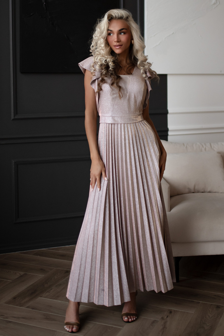 Xandra maxi kleita no pūderrozā mirdzoša auduma