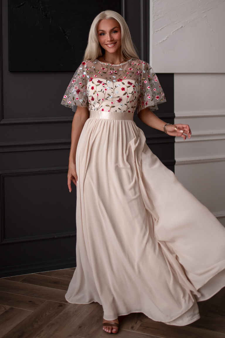 Bēša izšūta top maksi kleita Tricia