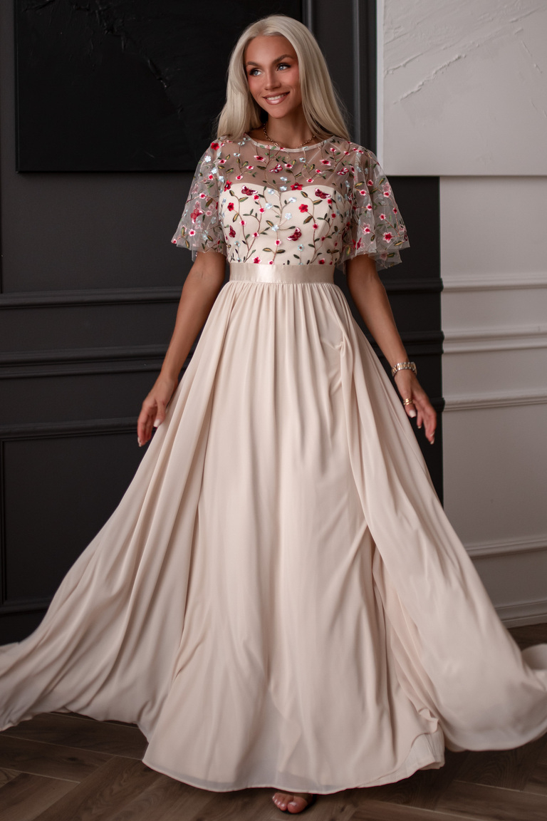 Bēša izšūta top maksi kleita Tricia