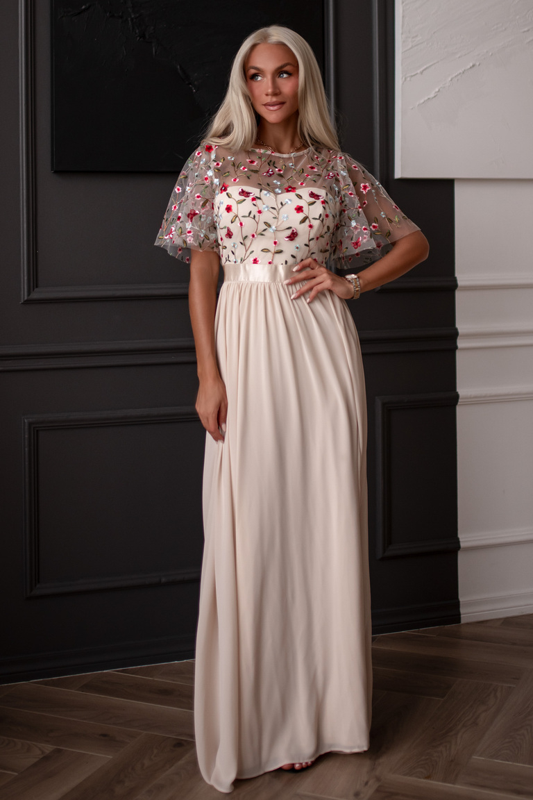 Bēša izšūta top maksi kleita Tricia