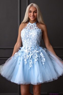 Gaiši zila tilla kleita ar tamborētām detaļām Addison