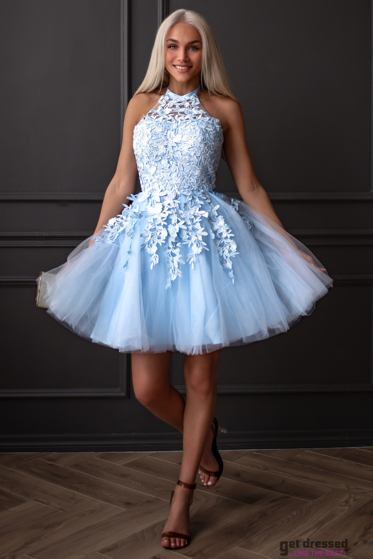 Gaiši zila tilla kleita ar tamborētām detaļām Addison